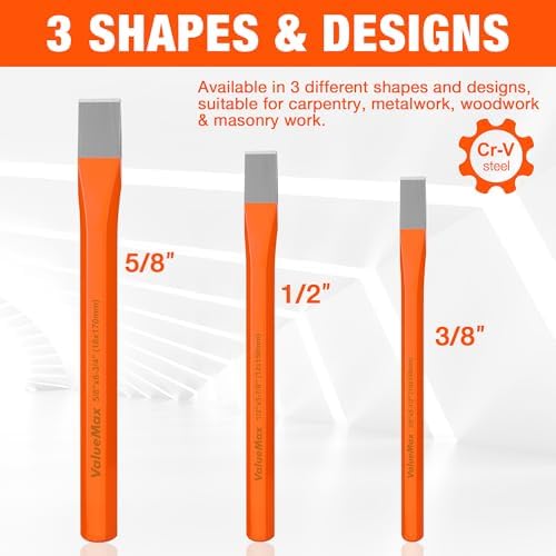 ValueMax 3-Piece Heavy Duty Cold Chisel Set, 3/8-Inch, 1/2-Inch & 5/8-Inch Metal Chisel Set, Premium Cr-V Steel, for Carpentry, Metalwork, Woodwork & Masonry Work (Pack of 2)