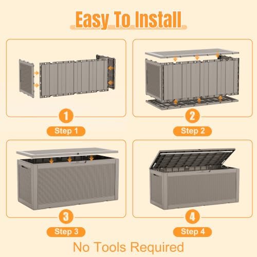 outdoor storage box, 160 gallon waterproof resin deck on a desk or shelf