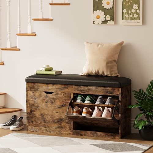 40" shoe storage bench with 2 flip drawers, close-up detail