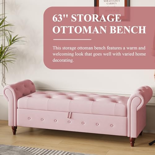 63'' storage ottoman bench, upholstered bed bench, pink, side view