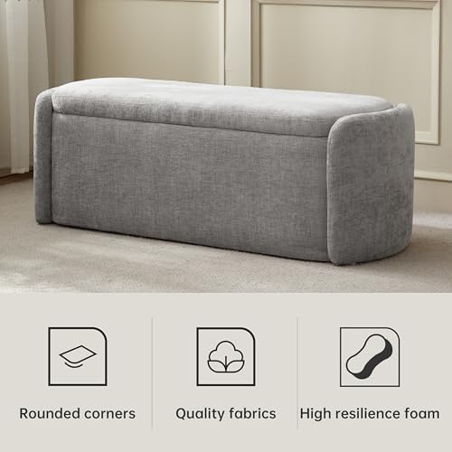 vknow 46" oval storage ottoman bench, upholstered end showing dimensions