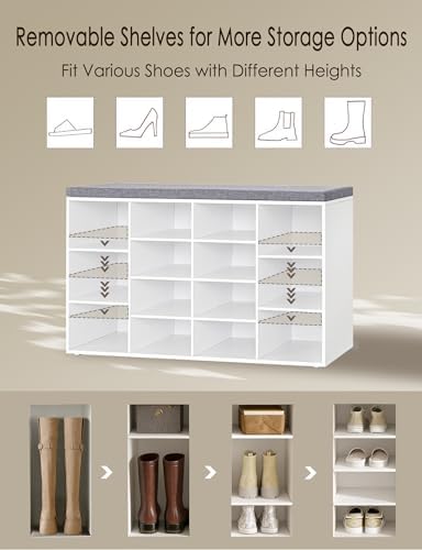 dinzi lvj shoe storage bench with cushion, 14-cubby, side view
