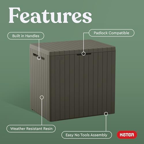 keter city 30 gal outdoor storage box and, side view