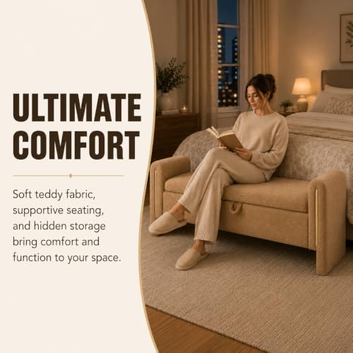 52" upholstered storage bench, brown, armrests, wood frame, close-up detail