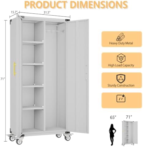 pozdeg 71" rolling lockable metal broom closet storage, close-up detail