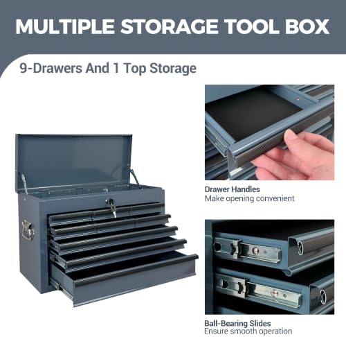 9 drawers metal tool box, 24" portable steel on a desk or shelf