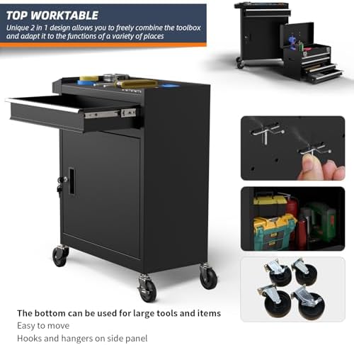 5-drawer high capacity rolling tool box, removable cabinet showing dimensions