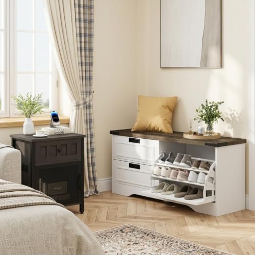 fatorri shoe storage bench with flip drawer, wooden showing dimensions