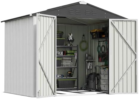 patiowell 8x6 ft outdoor storage shed with floor on a desk or shelf