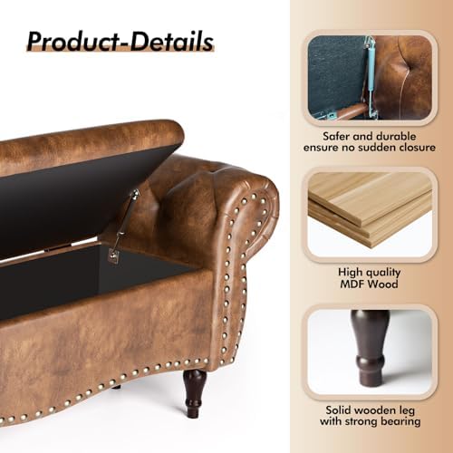 zzw storage ottoman bench, 51" length upholstered end showing dimensions