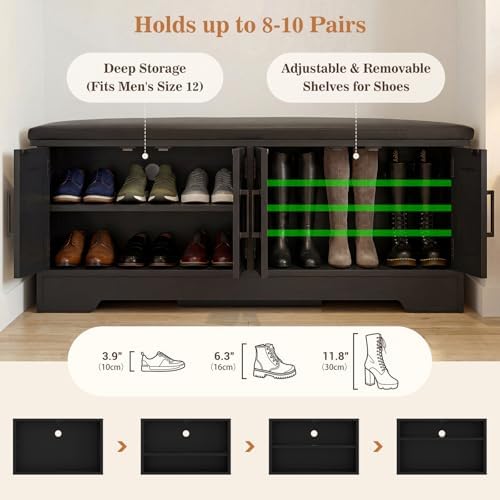 armocity 43.3" farmhouse shoe storage bench with cushion showing dimensions