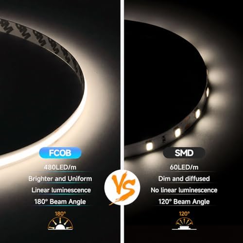 BTF-LIGHTING FCOB COB LED Strip Daylight White 5000K, UL Listed 480LED/m High Density Uniform Light, 16.4FT DC12V CRI 90+ 8mm Width Tape Light for Home Indoor DIY Lighting(No Adapter or Controller)