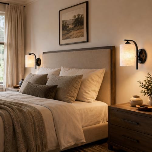 2-Pack Wall Sconces for Bedroom and Bathroom, Matte Black Farmhouse Wall Light Fixtures with Fabric Shade, Modern Vanity Wall Lamps for Living Room, Hallway, Kitchen