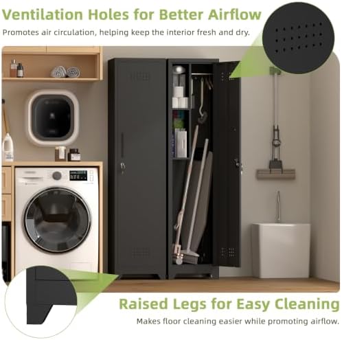 utility closet for cleaning supplies, black metal storage showing dimensions