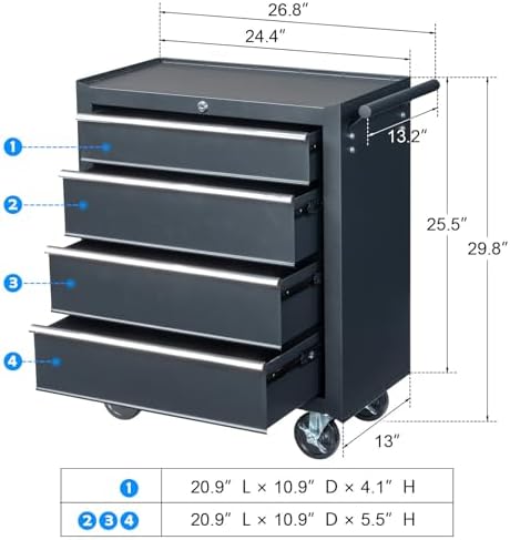 winado 4 drawer rolling tool cabinet, lockable steel, close-up detail