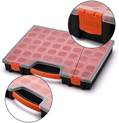 multi-purpose toolbox, professional organizer with 22 bin compartments showing dimensions