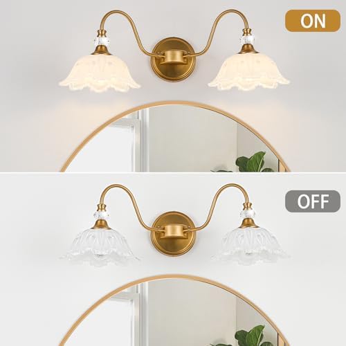 Vintage Bathroom Vanity Light, 2-Light Matte Brass Finish Vanity Light with Floral White Glass Shades, Retro Wall Sconce for Bathroom, Dressing Table