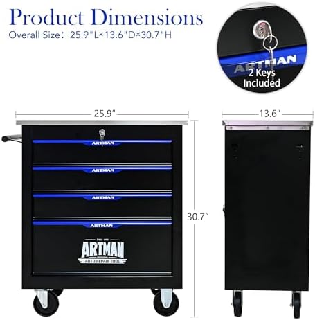 4-drawer heavy-duty rolling steel tool cart with handle&wheels, close-up detail
