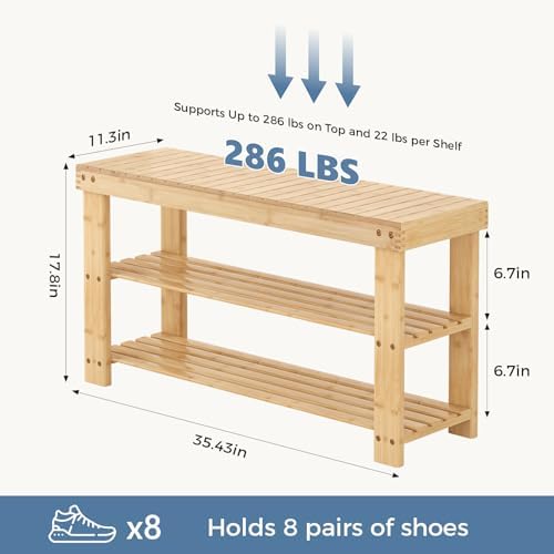 dumos wooden shoe rack bench, 3-tier bamboo entryway, close-up detail
