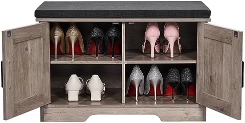 homsho farmhouse shoe storage bench with 2 barn, side view