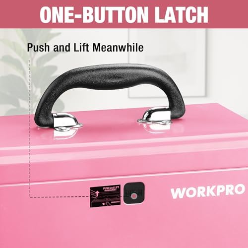 workpro 10.8" mini metal tool box with removable, close-up detail