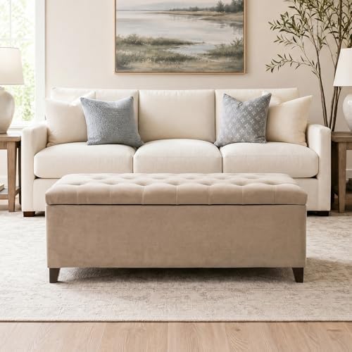 madison park 49" upholstered storage bench, button tufted shown in use