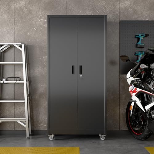 metal garage storage cabinet with wheels and pegboard, view 9