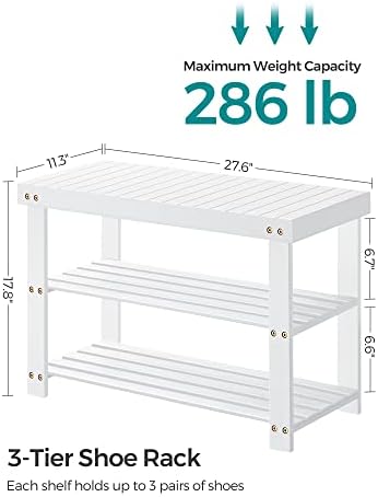 songmics shoe rack bench, 3-tier bamboo entryway bench showing dimensions
