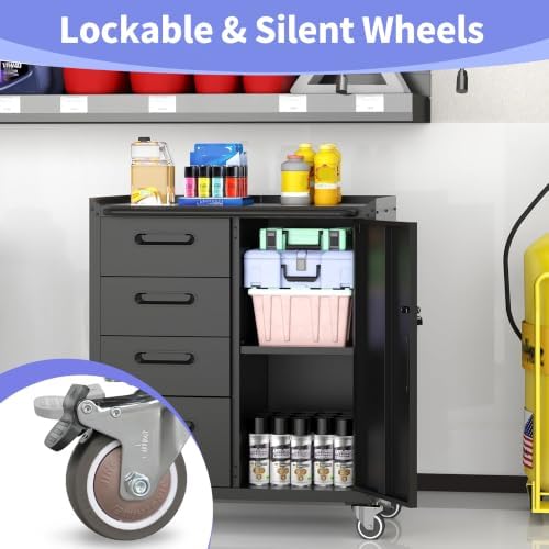 metal garage storage cabinet on wheels, lockable rolling, side view