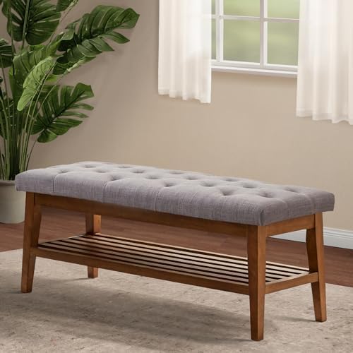 huimo upholstered entryway shoe bench, button tufted end, close-up detail