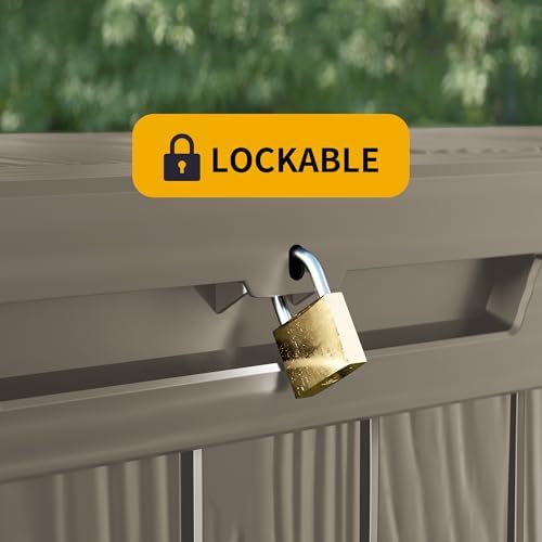 outdoor storage box waterproof, 270 gallon lockable resin on a desk or shelf