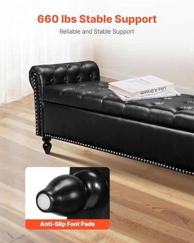 vevor button-tufted storage ottoman bench, rolled arm pu, side view