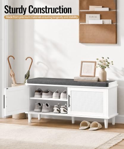 akxomel 39.4" rattan shoe storage bench 2 doors shown in use