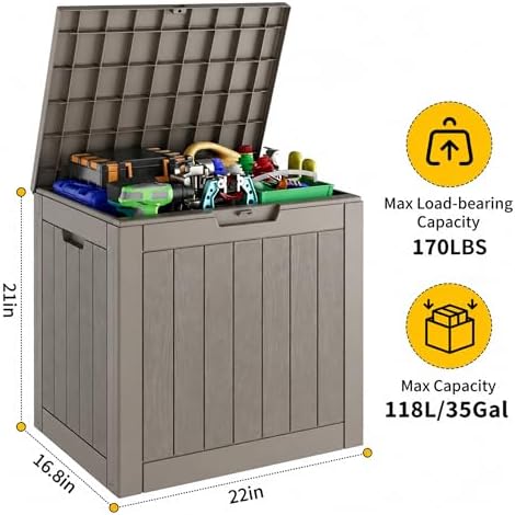 35 gallon outdoor storage box waterproof deck box shown in use
