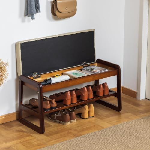sobibo solid wood shoe rack bench with flip-top showing dimensions