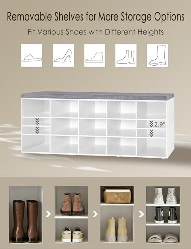 dinzi lvj shoe storage bench with cushion, 15-cubby showing dimensions