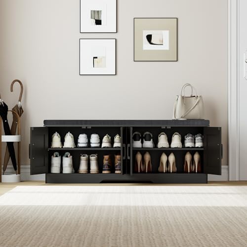 homsho farmhouse shoe storage bench with 4 barn, side view