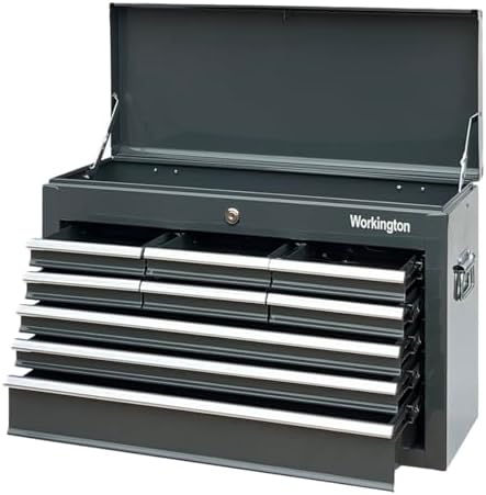 workington portable metal tool chest with 9 drawers, side view