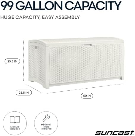 suncast 99 gallon wicker horizontal outdoor deck box, side view