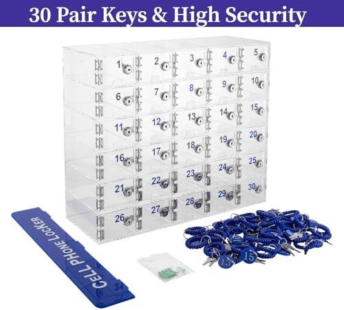 30 slots acrylic clear cell phone locker box on a desk or shelf