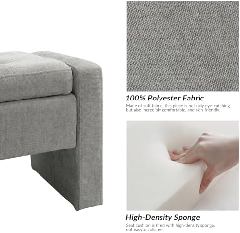55" modern upholstered storage bench with tufted seat showing dimensions
