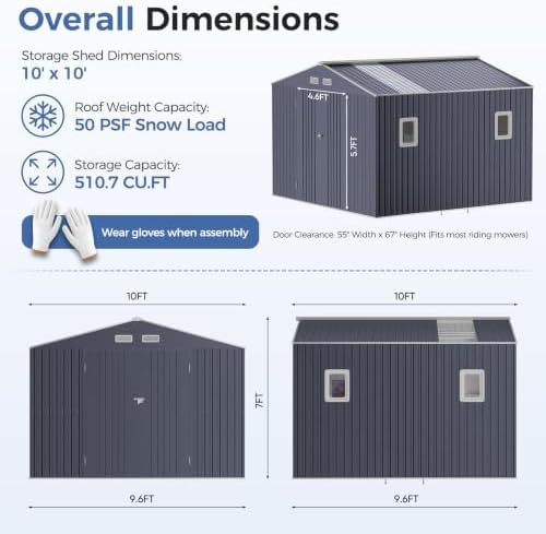 10x10 ft metal storage shed with window, lockable, close-up detail