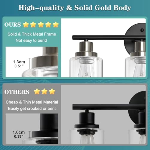 Modern Bathroom Light Fixtures, 3 Light Vanity Lights, Black and Brushed Nickel Wall Lamp with Clear Glass for Bathroom, Mirror, Living Room, Bedroom, Hallway, E26 Base
