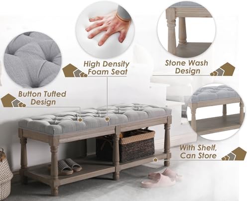 farmhouse storage bench wooden entryway upholstered tufted ottoman, side view