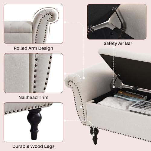 storage ottoman bench, 64" upholstered entryway bench, beige, side view