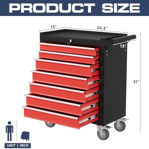 7-drawer tool chest,rolling tool cart with wheels,high capacity, close-up detail