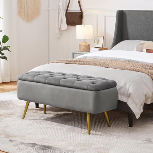 yaheetech storage ottoman bench for bedroom, velvet end shown in use