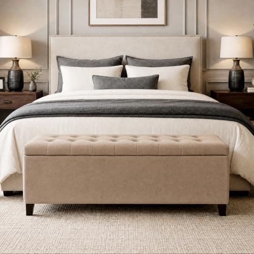 madison park 49" upholstered storage bench, button tufted, side view