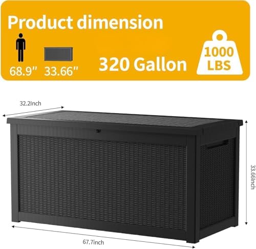 320 gallon resin deck box, waterproof outdoor storage on a desk or shelf
