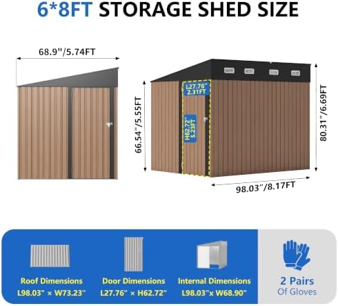 6x8 ft outdoor storage shed, metal garden shed shown in use